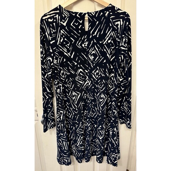 LAUREN RALPH LAUREN Navy Blue White Geometric Size 12 Long‎ Sleeved Lined Dress - Picture 3 of 9